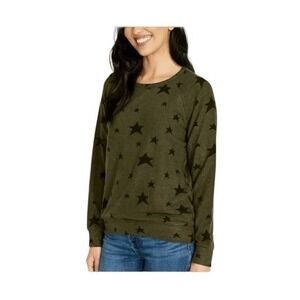 Buffalo David Bitton Star Print Sweater Army Green Soft Knit Crewneck Long Sleev
